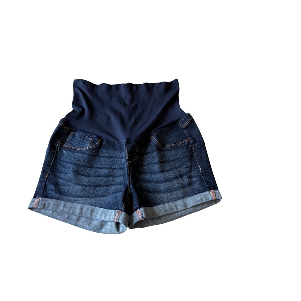 Bella Vida Maternity Dark Wash Over Belly Cuffed Denim Shorts Blue XL